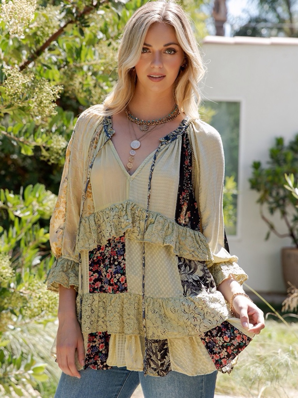 YOUNG THREADS NWT Top celery  Floral tiered Size Large